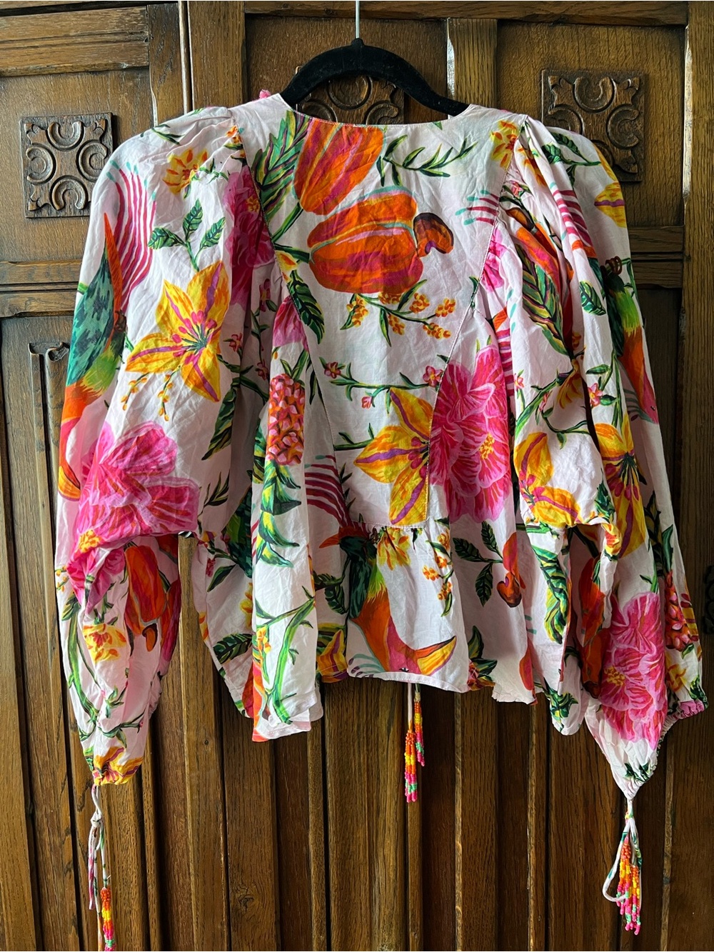 Farm Rio Tropical Floral Puff Sleeve Blouse Pink Ric Rac Small - Picture 3 of 6